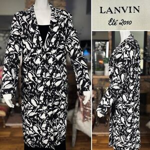 Lanvin Black & White Floral Cotton Snap Front Single Breasted Overcoat, Szs 6/10